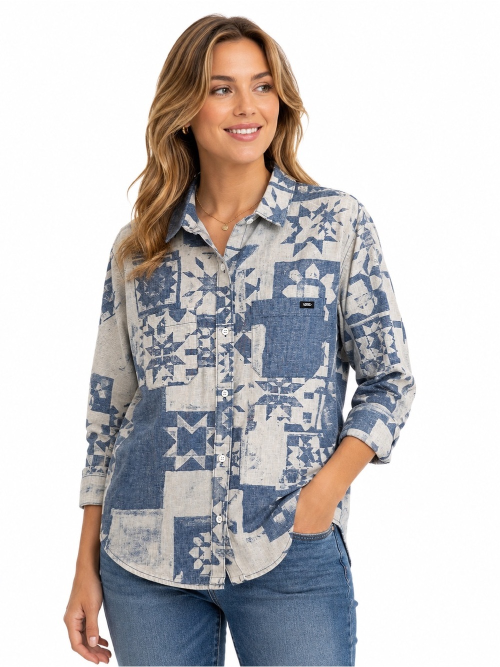 Vans Homespun Woven Women’s Shirt Small Blue Geometric Button Up NWT